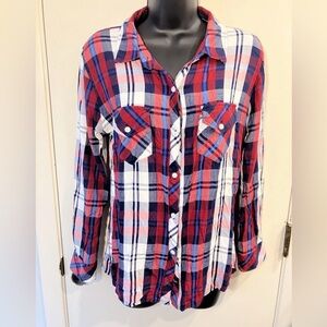 Rails Flannel Shirt Womens Red Blue White Plaid Long Sleeve Button Front Size M